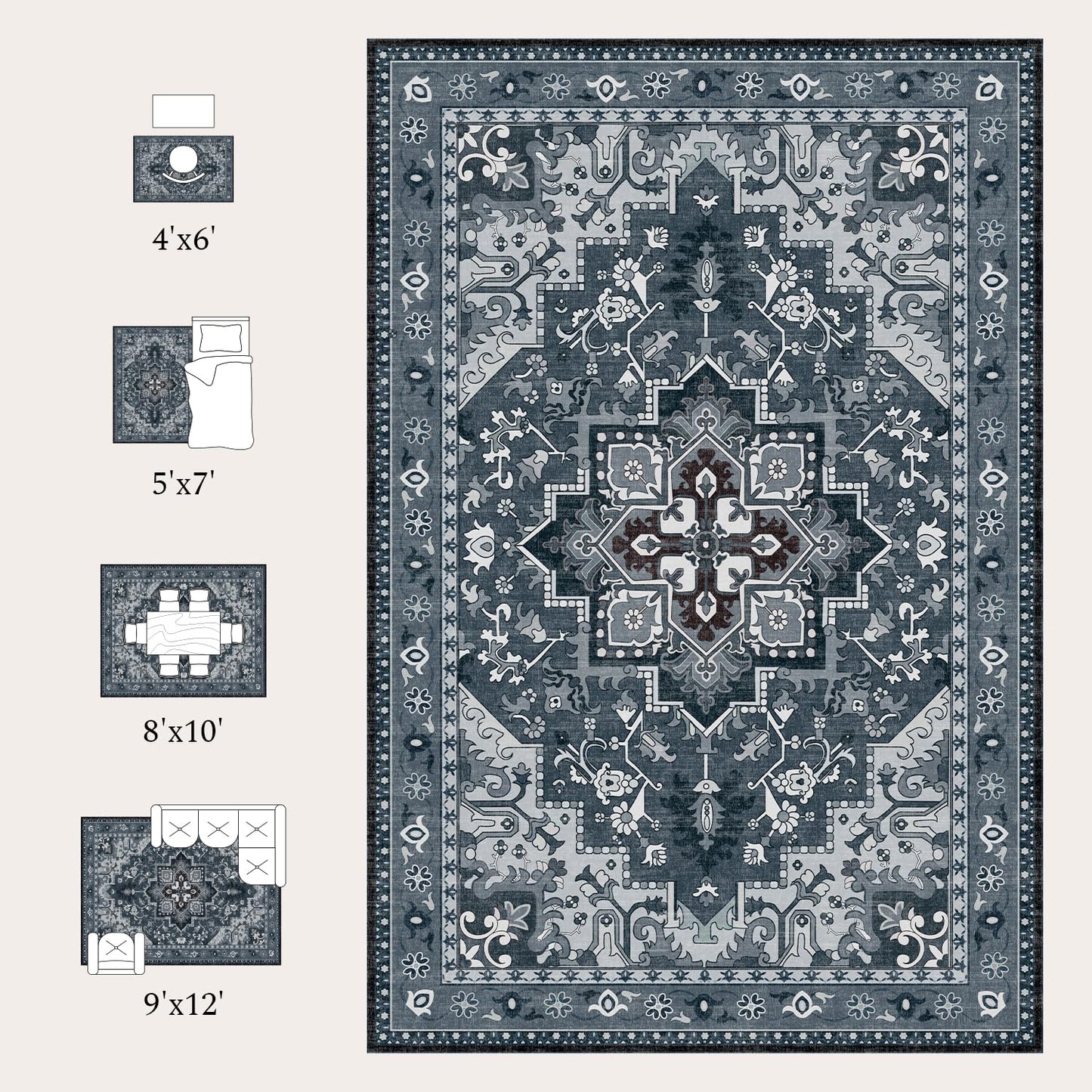 Vintage Medallion Washable Area Rug